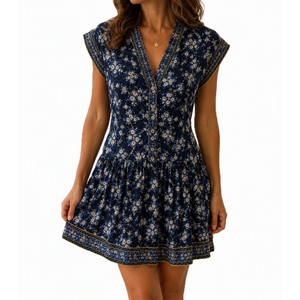 Poupette St Barth Floral Drop Waist Mini Dress Blue Black Yellow Floral Size S